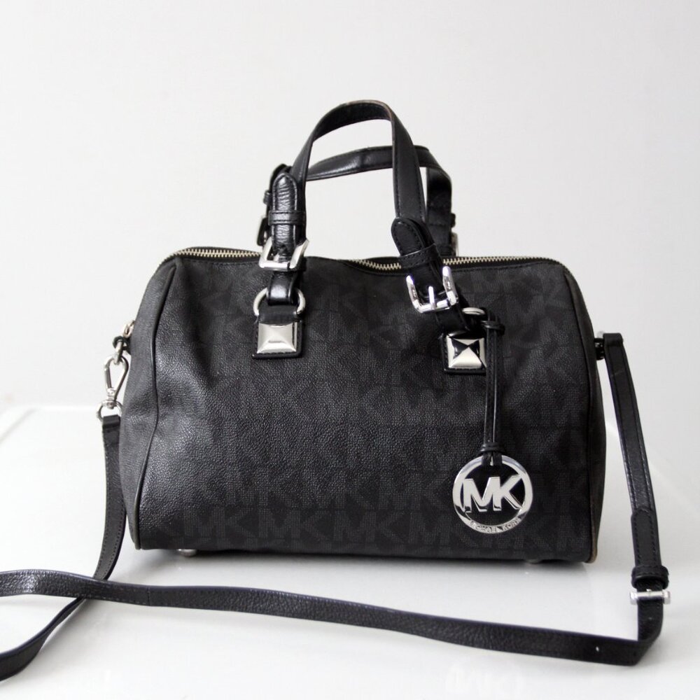 Michael Kors Grayson Medium Satchel Black Signature MK Monogram Logo Handbag